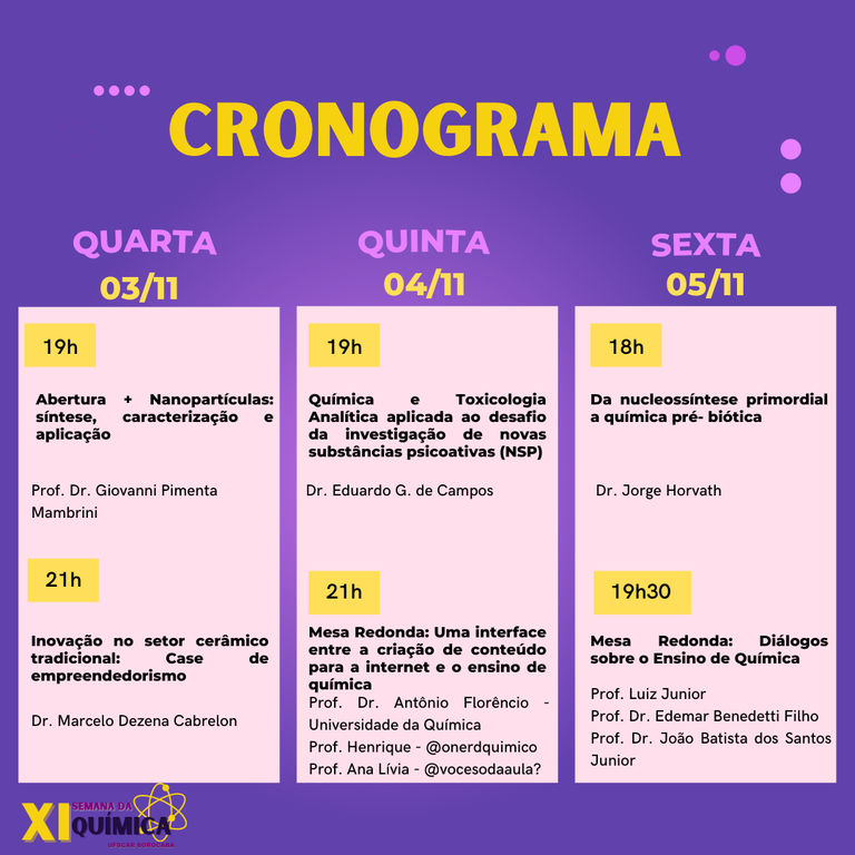 painel de cor de fundo roxa com o título CRONOGRAMA em amarelo. Quarta (03/11): 19h Abertura + Nanopartículas/Quarta (03/11): 21h Inovação no setor cerâmico tradicional/ Quinta (04/11): 19h Química e Toxicologia Analítica/ Quinta (04/11): 21h Mesa redonda  criação de conteúdo para a internet e o ensino de química/ Sexta (05/11): 19h da nucleossíntese primordial à química pré-biótica/ Sexta (05/11): 21h Mesa redonda diálogos sobre ensino de química