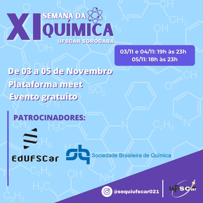 Cartaz com o título XI Semana da Química Ufscar Sorocaba. Fundo azul claro com detalhes em roxo e título em destaque na cor roxa. 